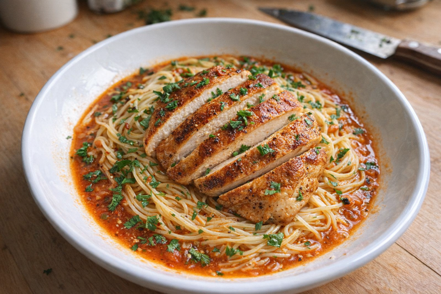An overhead shot of a perfectly plated chicken and pasta dish, vibrant sauce, garnished with fresh herbs, soft natural light
